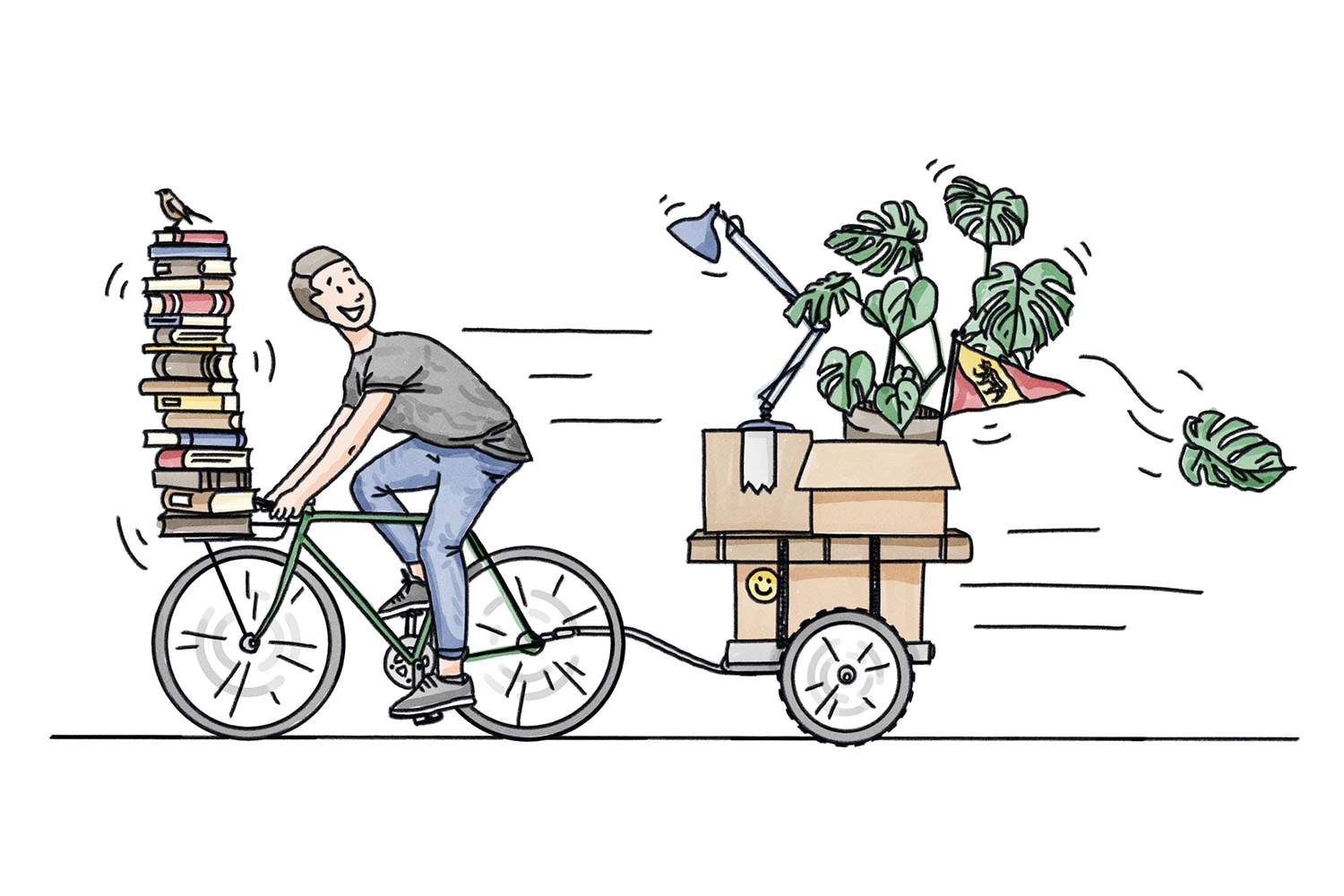 Illustration von Aaron Aebi: Umzug mit dem Fahrrad